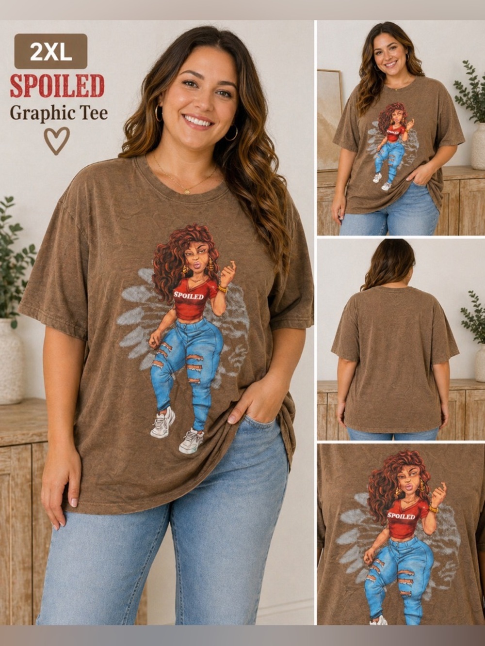 SPOILED Hand Crafted Brown Short Sleeve Tee with Red Graphic 2XL